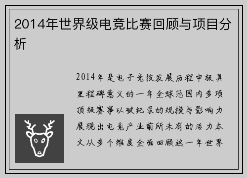 2014年世界级电竞比赛回顾与项目分析