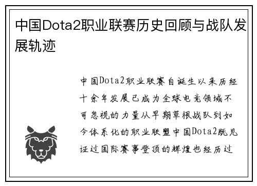中国Dota2职业联赛历史回顾与战队发展轨迹