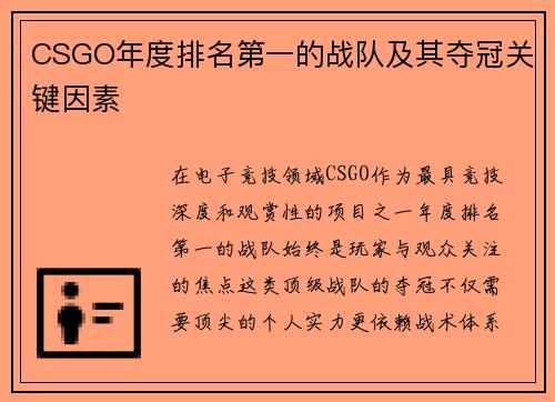 CSGO年度排名第一的战队及其夺冠关键因素